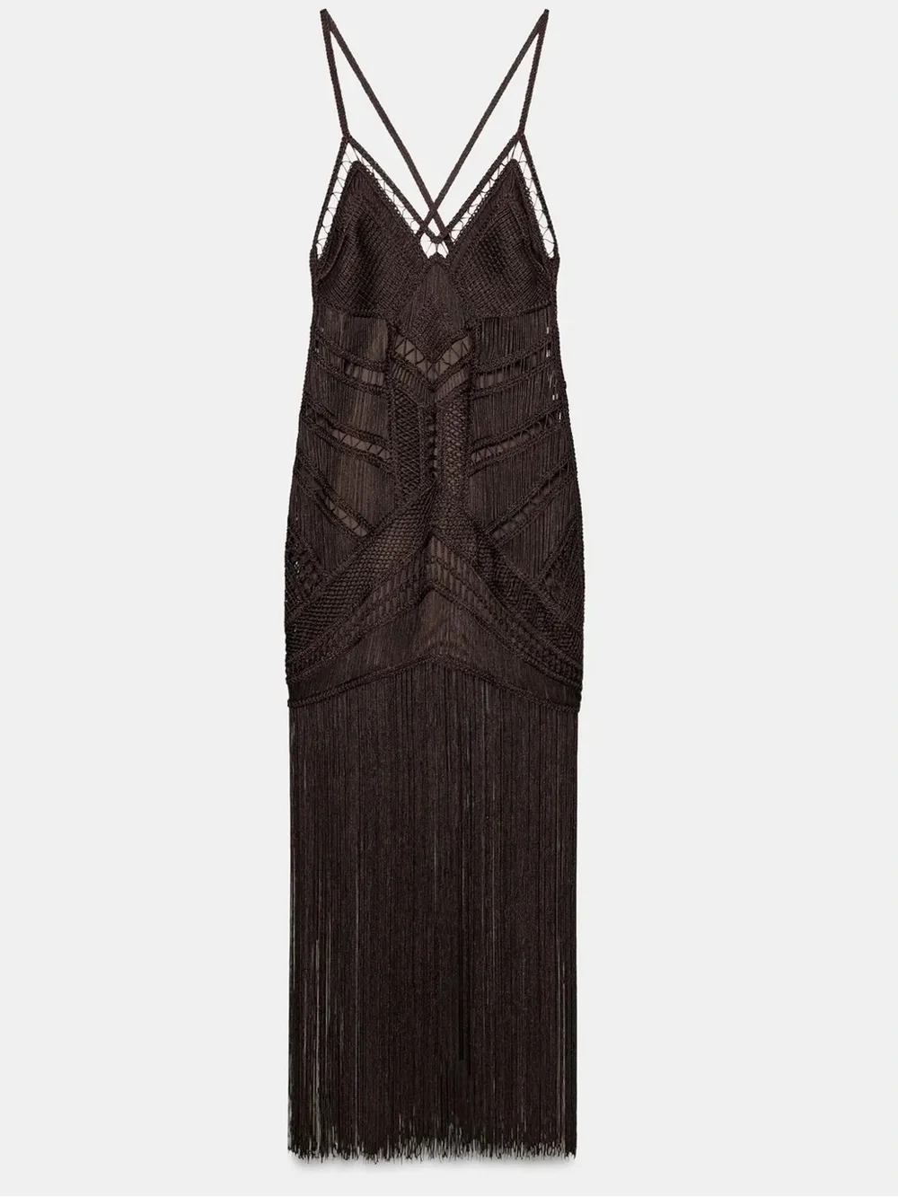 Zara NWT formal wedding guest dress crochet texture brown Fringe Maxi Dress - Picture 10 of 12